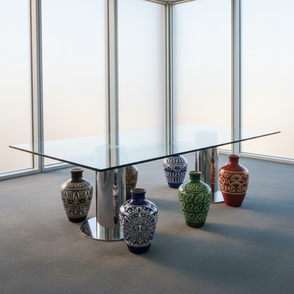 A glass tabletop with a silver base is accompanied by several decorative vases featuring diverse colors and designs, arran...